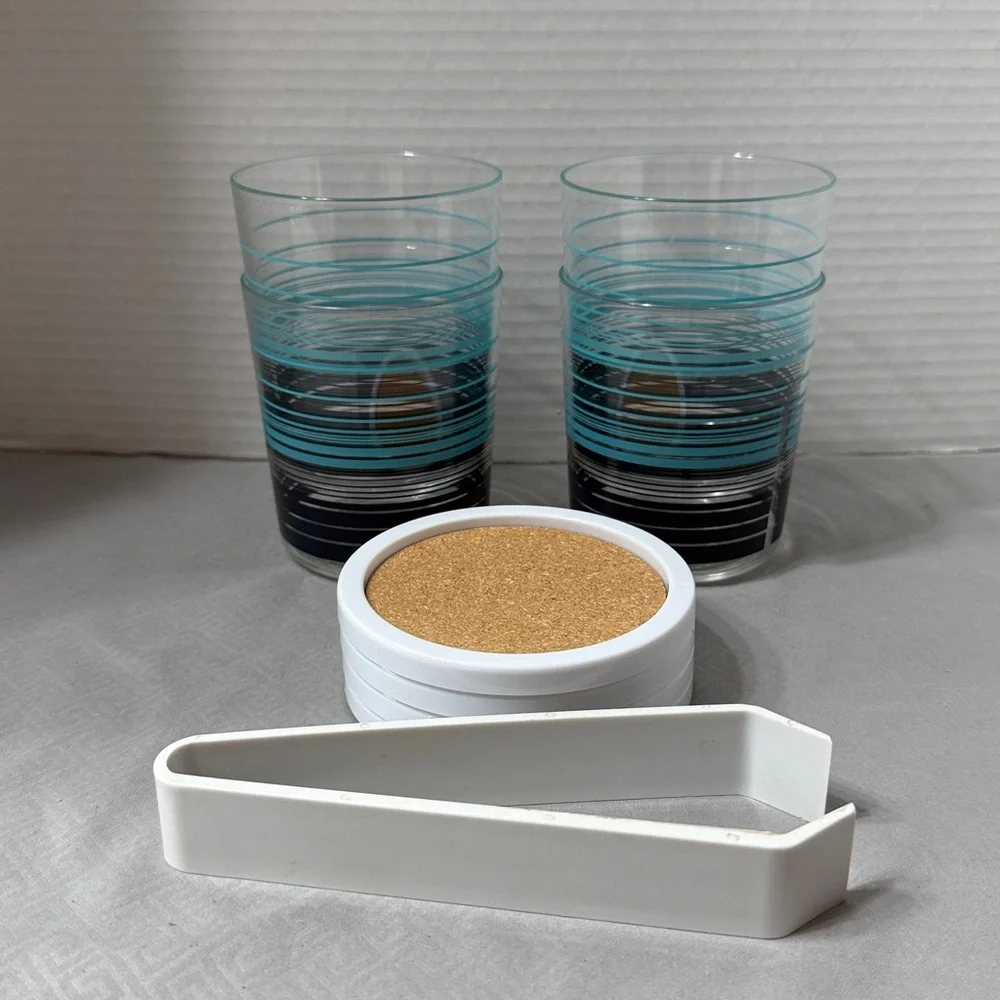 Vintage Ice Bucket 4 Glasses 4 Coasters Tongs Set in Aqua, Navy & White Stripes